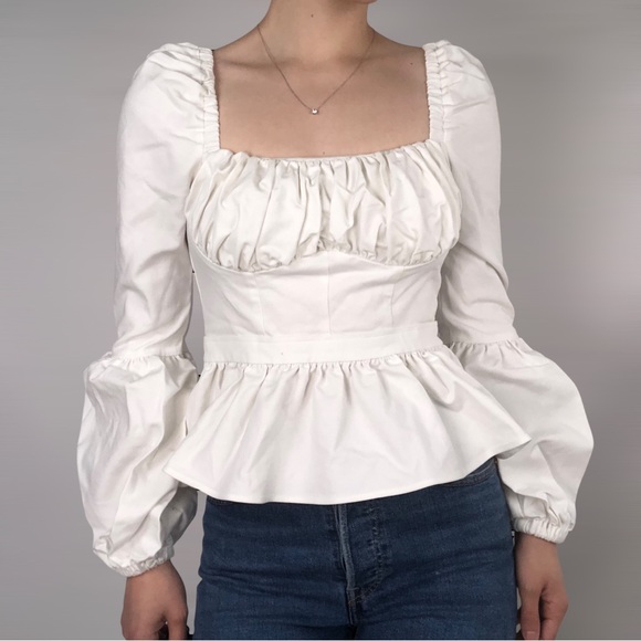 Autumn‎ Adeigbo Catira Long Puffed Sleeve Pleated Peplum Blouse White Size 4 - Picture 1 of 8